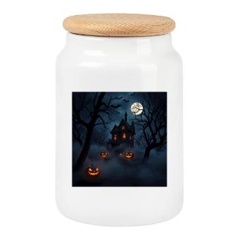 Maison hantée sous lune et citrouilles - Boîte à biscuits avec couvercle en bois - blanc - Devant