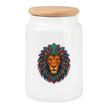 Mandala lion – tête colorée - Boîte à biscuits avec couvercle en bois - blanc - Devant
