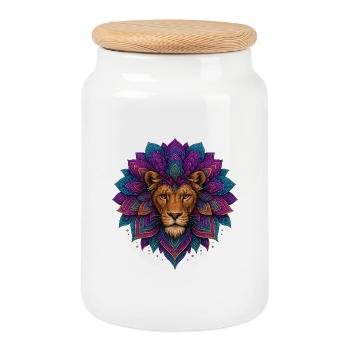 Löwen-Mandala-Blume - Keksdose mit Holzdeckel - Weiß - Vorne