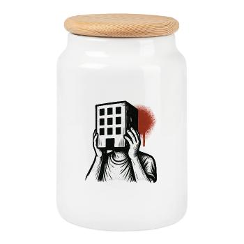 Masque de bâtiment - Illustration artistique - Boîte à biscuits avec couvercle en bois - blanc - Devant