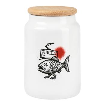 A fish wave of a tram and a red sun - Cookie Jar with Wooden Lid - white - Front