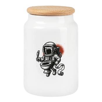 Astronaut auf der Toilette - Keksdose mit Holzdeckel - Weiß - Vorne