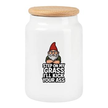 Gnome Saying Step On My Grass - Cookie Jar with Wooden Lid - white - Front