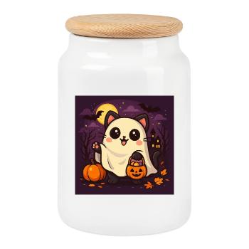Cuddly Halloween Ghost Cat - Cookie Jar with Wooden Lid - white - Front