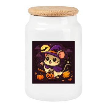 Cute Halloween Mouse as a Witch - Cookie Jar with Wooden Lid - white - Front