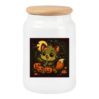 Little Halloween fox with pumpkins - Cookie Jar with Wooden Lid - white - Front