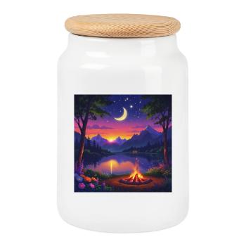 Moonlit Night at Mountain Lake Campfire - Cookie Jar with Wooden Lid - white - Front