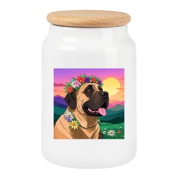 Dogue avec couronne florale - Boîte à biscuits avec couvercle en bois - blanc - Devant