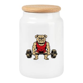 Bodybuilder Bulldog - Cookie Jar with Wooden Lid - white - Front