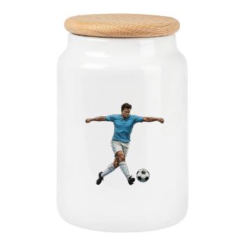 Joueur de football Chemise bleue Tir de but Comic Sti - Boîte à biscuits avec couvercle en bois - blanc - Devant