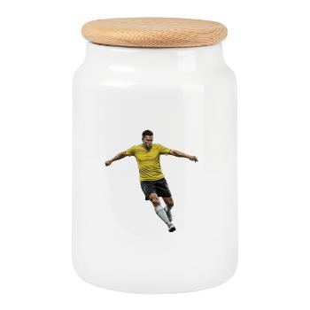 Soccer Player Yellow Jersey Action Comic Style - Cookie Jar with Wooden Lid - white - Front