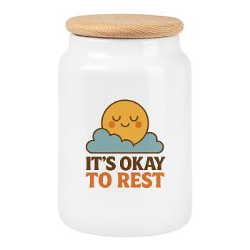 Is okay to rest; Okay Resting Sunny Cloud Motif - Cookie Jar with Wooden Lid - white - Front