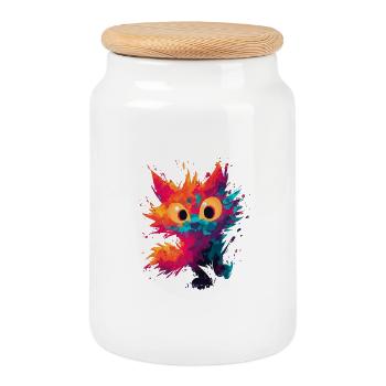Watercolor_Spiky_Cat_Art - Boîte à biscuits avec couvercle en bois - blanc - Devant