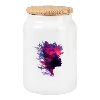 Fiery_Nebula_Woman_Profile_Silhouette - Cookie Jar with Wooden Lid - white - Front