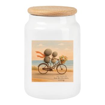 L’amour se déplace sur un vélo de pierre - Boîte à biscuits avec couvercle en bois - blanc - Devant