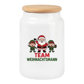 Team Santa Claus Trio Funny Cartoon Motif - Cookie Jar with Wooden Lid - white - Front