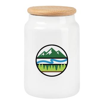 Mountain, River, Forest | Outdoor Adventure Logo - Cookie Jar with Wooden Lid - white - Front