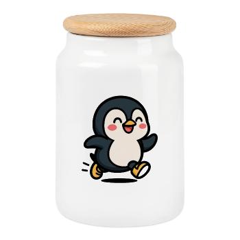 Penguin on the move: joyful leap - Cookie Jar with Wooden Lid - white - Front