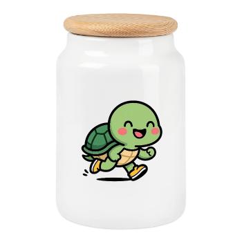 Turtle-runner smile - Cookie Jar with Wooden Lid - white - Front