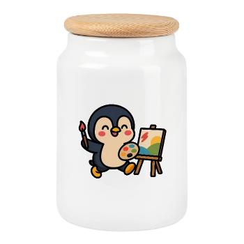 Peintre pingouin avec palette et couverts - Boîte à biscuits avec couvercle en bois - blanc - Devant