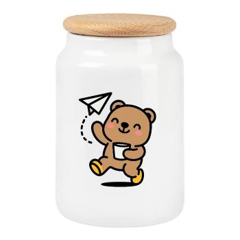 Glücklicher Teddybär mit Papierflieger - Keksdose mit Holzdeckel - Weiß - Vorne