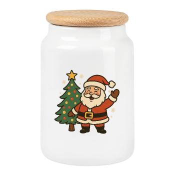 Merry Santa Claus next to tree - Cookie Jar with Wooden Lid - white - Front