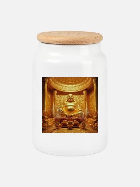 Goldener Bitcoin Buddha Tempel - Keksdose mit Holzdeckel - Weiß