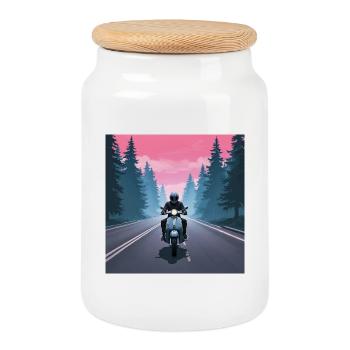 Motorcyclists in the forest - Cookie Jar with Wooden Lid - white - Front