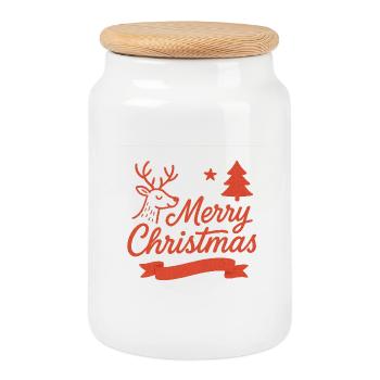 Merry Christmas Deer Motif - Cookie Jar with Wooden Lid - white - Front