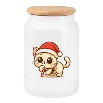 Chat de Noël Kawaii - Design de Noël mignon - Boîte à biscuits avec couvercle en bois - blanc - Devant
