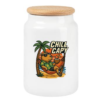 Chill Capy – Beach Capybara - Keksdose mit Holzdeckel - Weiß - Vorne