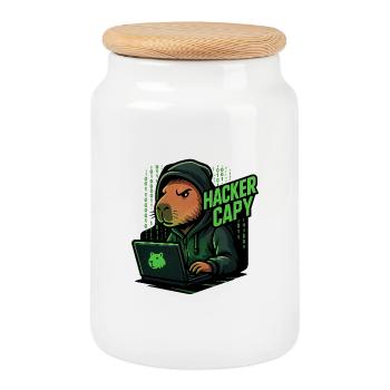 Hacker Capy – Cyber Capybara Tech  - Keksdose mit Holzdeckel - Weiß - Vorne