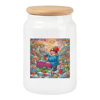 Garden gnome watering hydrangea in the snow - Cookie Jar with Wooden Lid - white - Front
