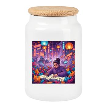 Person sketching in Berlin in autumn - Cookie Jar with Wooden Lid - white - Front