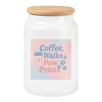 Café, promenades et empreintes de pattes - Boîte à biscuits avec couvercle en bois - blanc - Devant