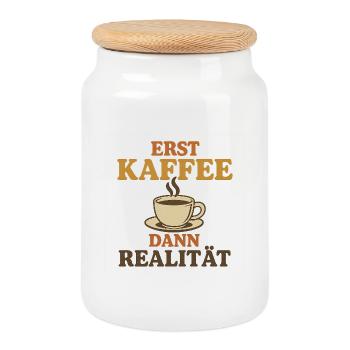 Erst Kaffee Dann Realität - Keksdose mit Holzdeckel - Weiß - Vorne