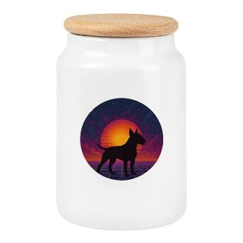 Neon Sunset Dog Silhouette - Cookie Jar with Wooden Lid - white - Front