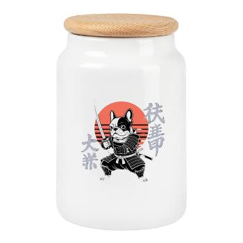 Samurai Bulldog in Autumn Sun - Cookie Jar with Wooden Lid - white - Front