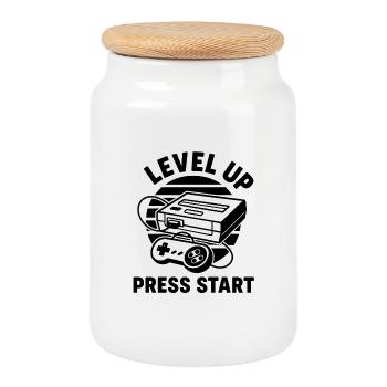 Level Up Press Start Retro - Cookie Jar with Wooden Lid - white - Front