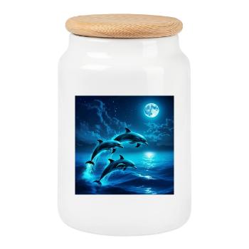 Moonlit Night Dolphin Jumps - Cookie Jar with Wooden Lid - white - Front