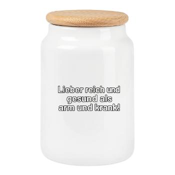 Lieber reich und gesund – Spruch Design - Keksdose mit Holzdeckel - Weiß - Vorne