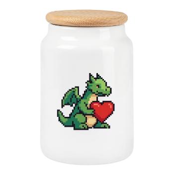 Pixel Dragon with Heart - Cookie Jar with Wooden Lid - white - Front