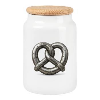 Genietetes Metall, ineinander verschlungene Metallbrezel aus Blech - Keksdose mit Holzdeckel - Weiß - Vorne