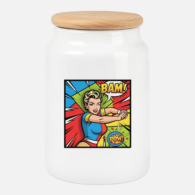 Pop Art Superheldin Kraftvoll - Keksdose mit Holzdeckel - Weiß