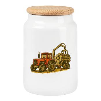 Forest Tractor with Timber Load - Cookie Jar with Wooden Lid - white - Front