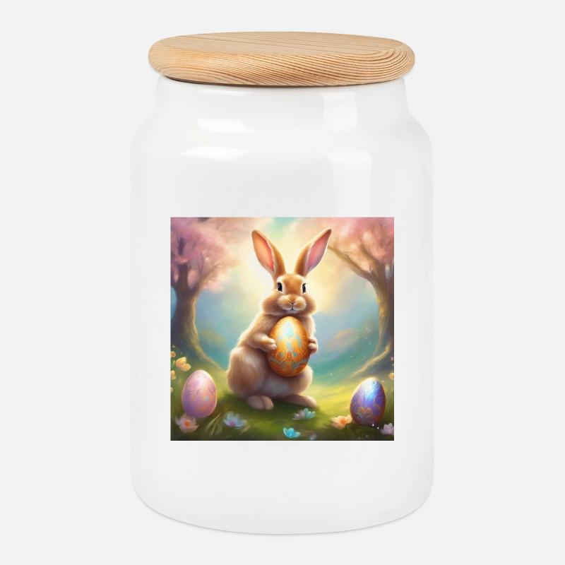 Spring bunny with gold Easter egg - Cookie Jar with Wooden Lid - white