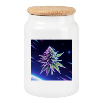 Neon Space Cannabis Leaf - Cookie Jar with Wooden Lid - white - Front
