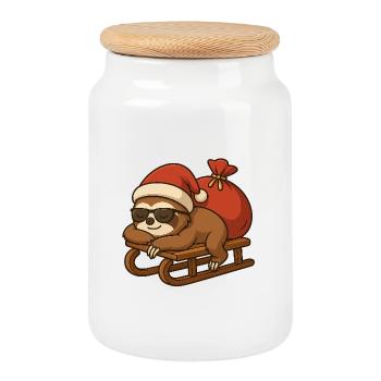 Cool Christmas sloth on sleigh - Cookie Jar with Wooden Lid - white - Front