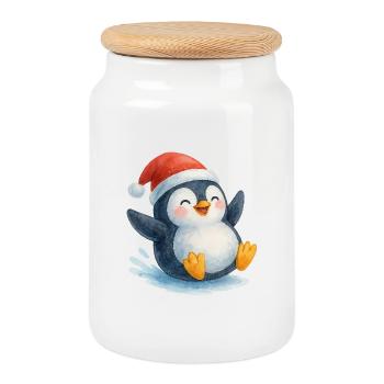 Weihnachts-Pinguin in Aquarellstil - Keksdose mit Holzdeckel - Weiß - Vorne