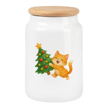 Cat happiness on the Christmas tree - Cookie Jar with Wooden Lid - white - Front